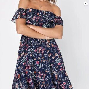 NWT Lulus My Favorite Navy Blue Floral Print Off-the-Shoulder Dress